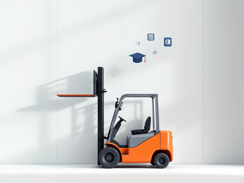 Oranje heftruck op diagonale hoek met zwevende onderwijspictogrammen: afstudeerhoed, rekenmachine en euroteken