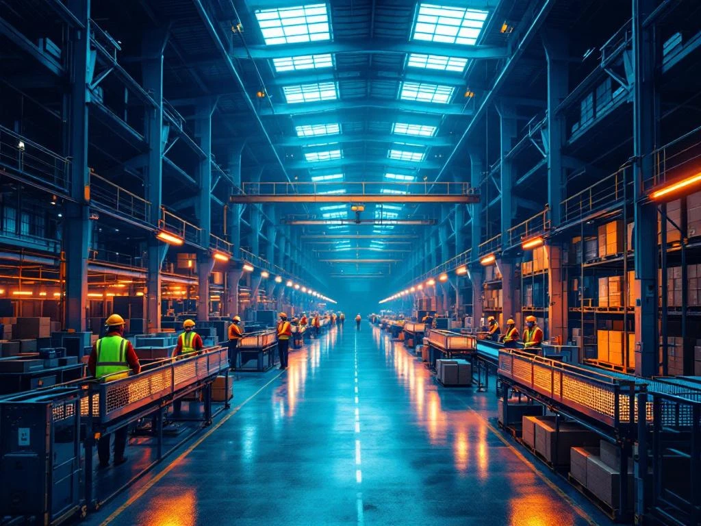 Moderne industriële logistieke faciliteit met werknemers in veiligheidsvesten tijdens dag- en nachtdiensten in magazijn