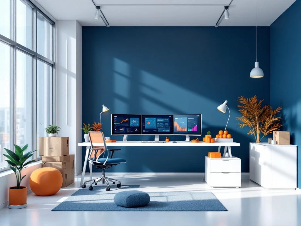 Moderne klantenservice werkplek met meerdere monitoren, logistiek dashboards en professionele kantooromgeving in blauw-oranje