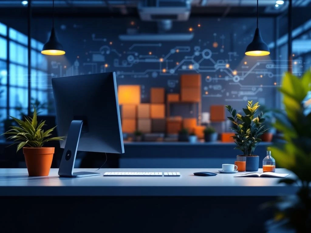 Moderne klantenservice werkplek met computer en headset in blauw kantoor met oranje accenten en logistieke elementen