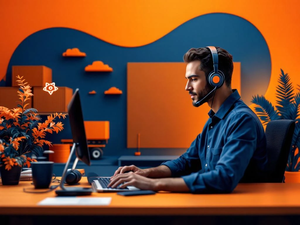 Moderne klantenservice werkplek met headset op opgeruimd bureau, donkerblauwe tinten met oranje accenten