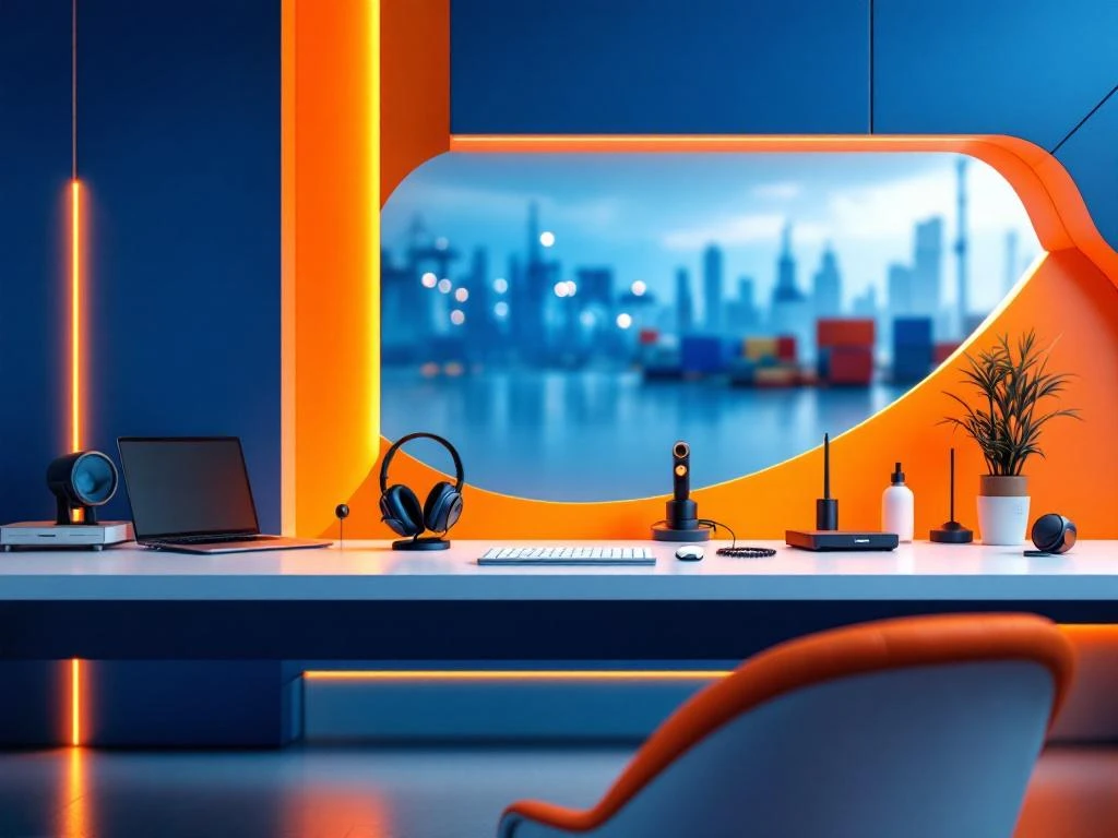Moderne klantenservice werkplek met headsets op wit bureau, blauwe panelen en oranje accentverlichting