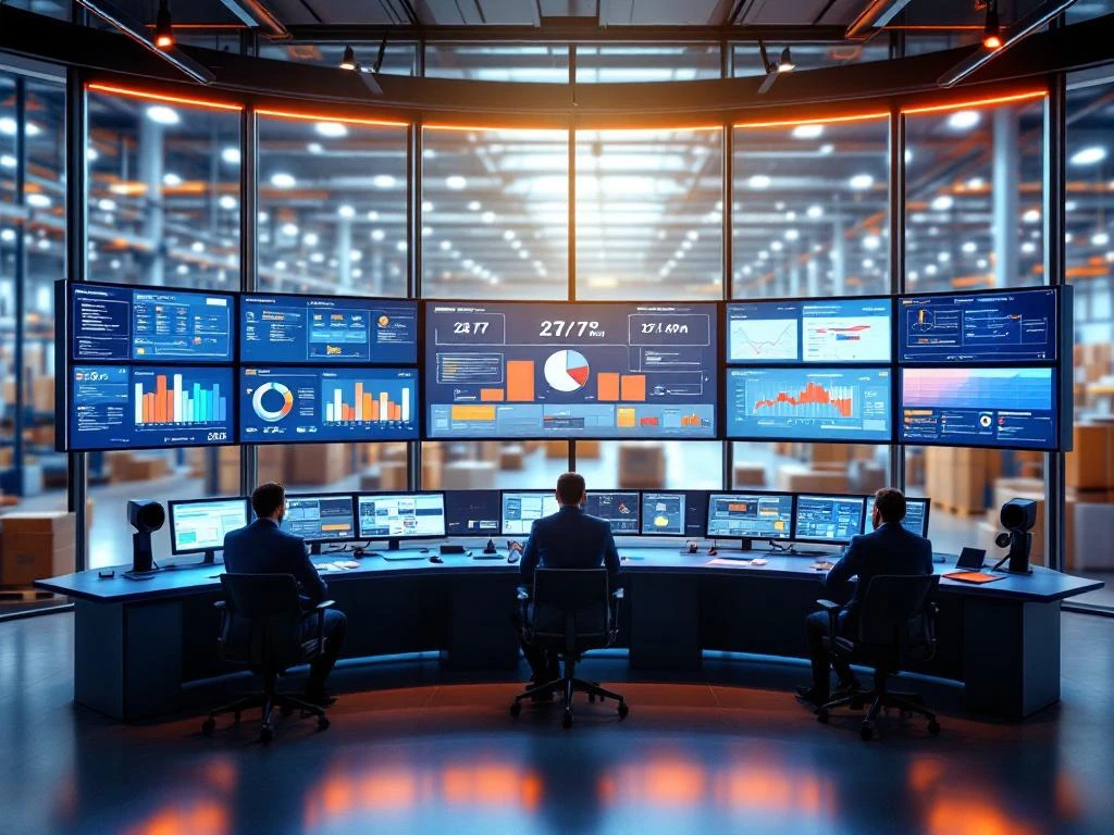 Moderne logistieke controlekamer met gebogen werkstations, blauwe panelen en oranje displays voor ploegendiensten