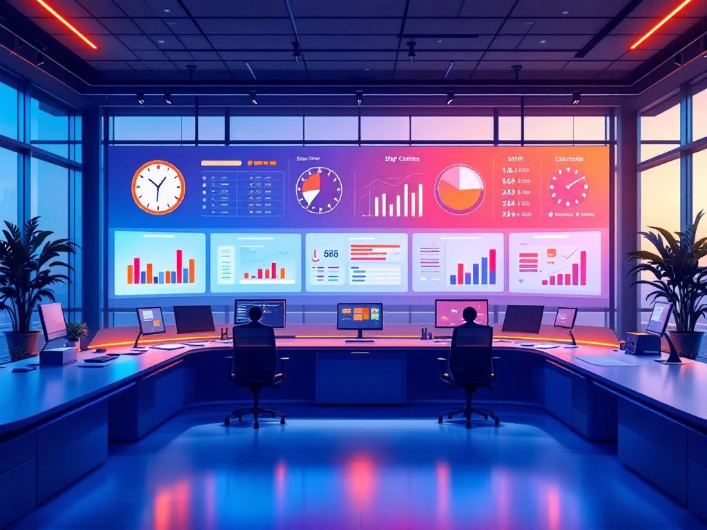 Moderne logistieke controlecentrum met meerdere monitoren die voorraadbeheerdata en dienstroosters tonen in blauw-oranje interieur