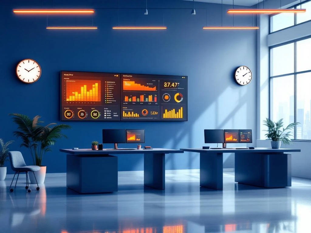 Moderne logistieke controlekamer met meerdere monitoren die dienstroosters en werkstroomgrafieken tonen in blauw-oranje design