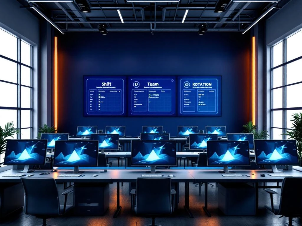 Moderne logistieke controlekamer met werkstations, blauwe wanden, oranje verlichting en schemaweergaves op monitoren