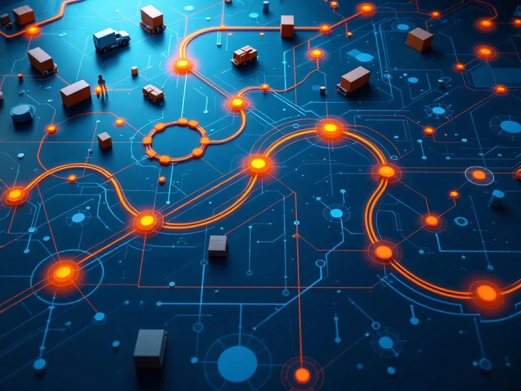 Moderne supply chain coördinatiecentrum van bovenaf met blauwe workflow diagrammen en oranje logistieke verbindingslijnen