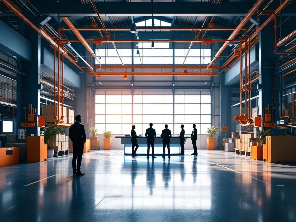 Moderne industriële logistieke faciliteit met team bij controlestation, blauwe structuren en oranje veiligheidsaccenten