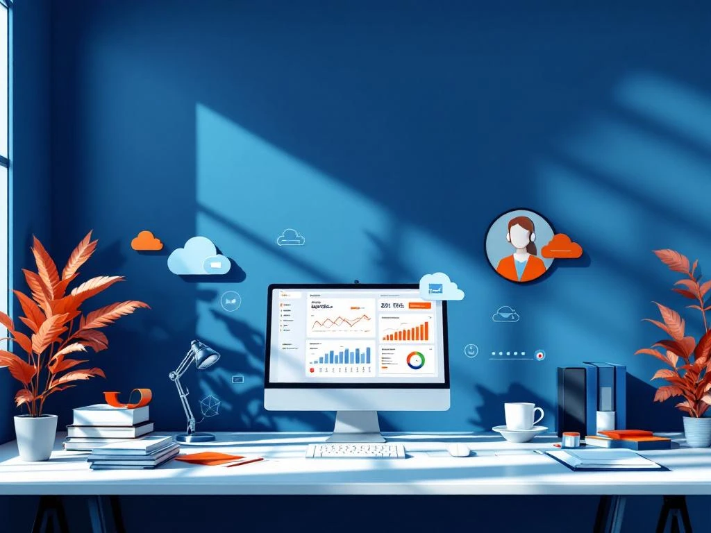 Modern kantoor met computerworkstation, logistiek dashboard en headset op minimalistisch bureau met blauwe muren en oranje accenten.