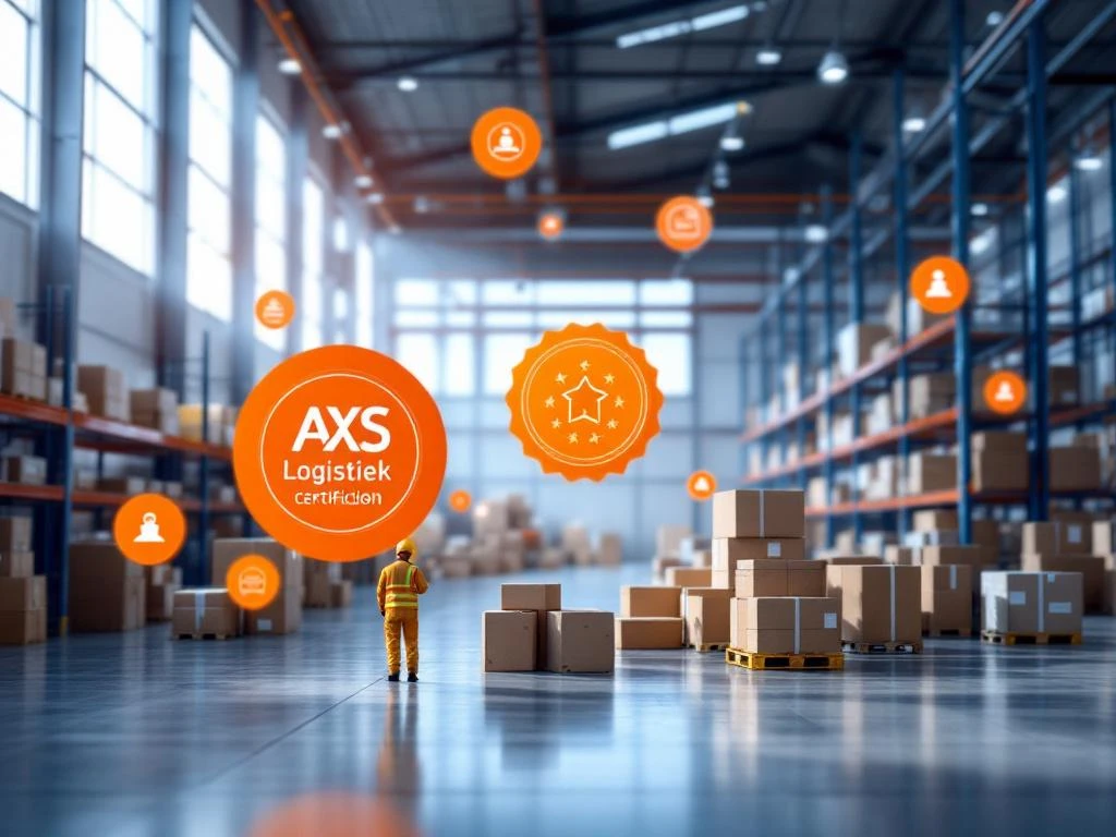 Moderne magazijn met stalen stellingen, blauwe structurele elementen en oranje veiligheidsuitrusting van AXS Logistiek