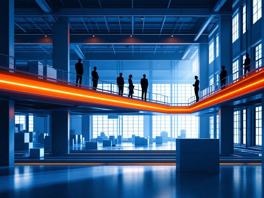 Moderne logistieke magazijn met professionele medewerkers op platforms die operaties overzien, blauwe structuren en oranje verlichting