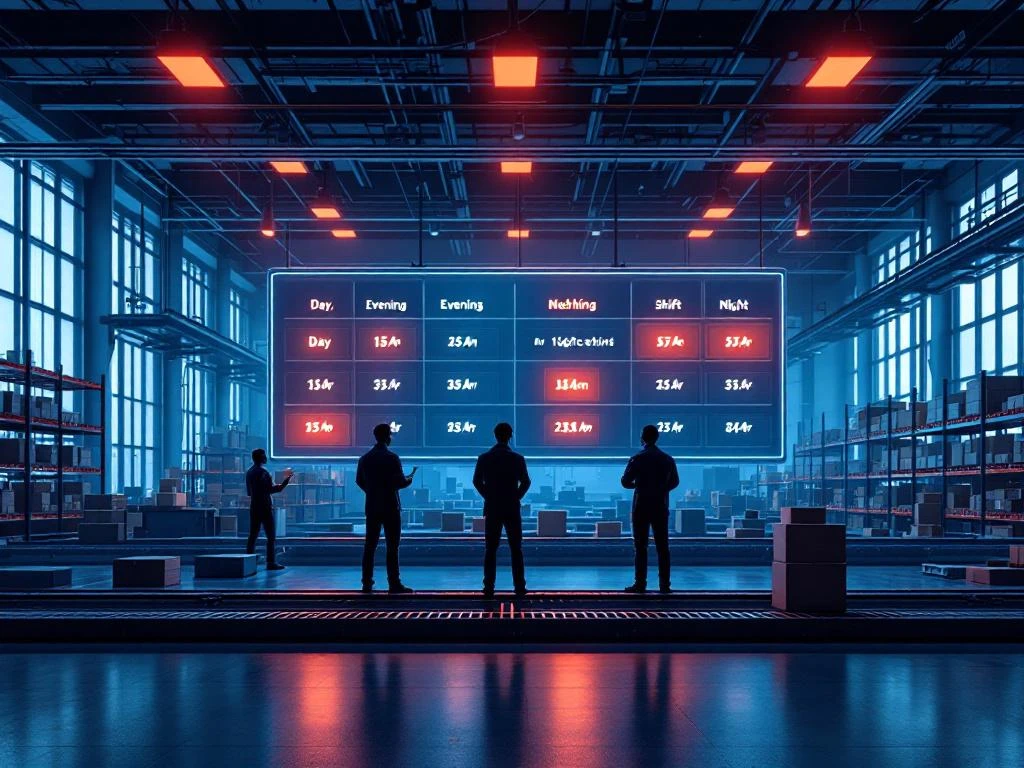 Moderne logistieke faciliteit met werknemers die dagdienst- en avonddienstroosters bekijken bij transportbanden en magazijnstellingen