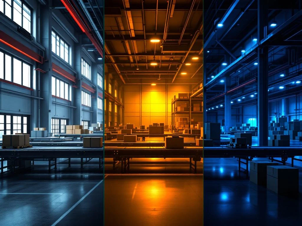 Moderne industriële magazijn met drie werkzones: dagdienst, avonddienst en nachtdienst, verlicht in blauw en oranje tinten