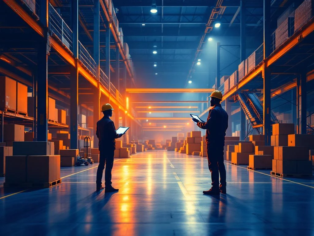 Teamleider in logistiek magazijn met containers, transportbanden en oranje verlichtingsaccenten op blauwe achtergrond