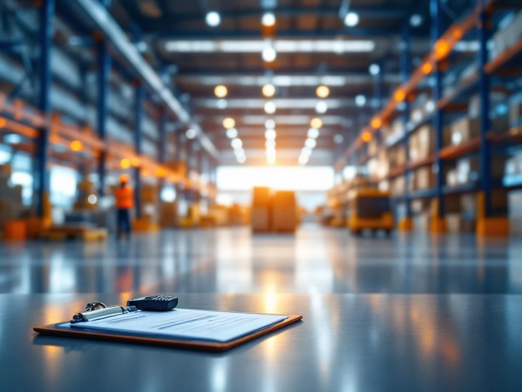 Moderne logistieke magazijninterieur met teamleider clipboard, blauwe structuren en oranje veiligheidsuitrusting