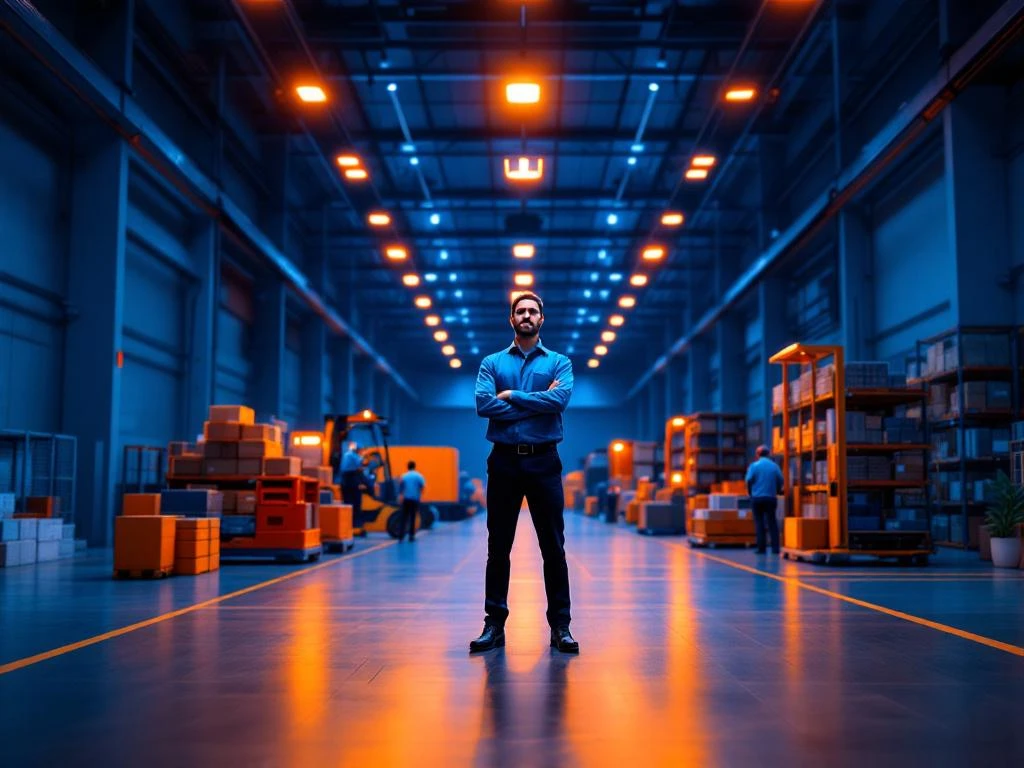 Teamleider overziet logistieke magazijnoperaties met werknemers die inventaris en transportapparatuur beheren in moderne faciliteit