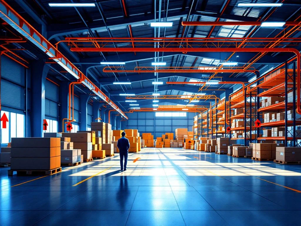 Moderne logistieke magazijnruimte met teamleider die medewerkers begeleidt tussen georganiseerde vrachtgebieden