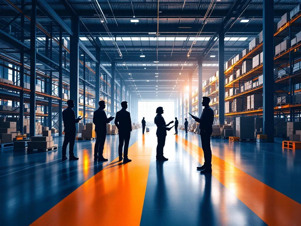 Teamleiders coördineren logistieke operaties in modern magazijn met blauwe structuren en oranje verlichting