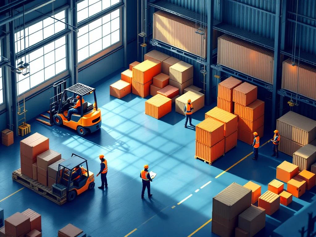 Logistiek warehousing team in veiligheidsvesten werkt samen bij containers en heftrucks in moderne industriële hal