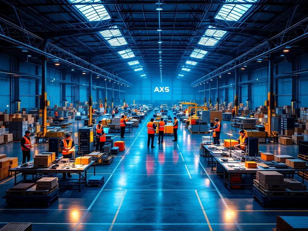 Moderne logistieke magazijnmedewerkers in veiligheidsvesten werken samen bij verlichte werkstations in industriële omgeving