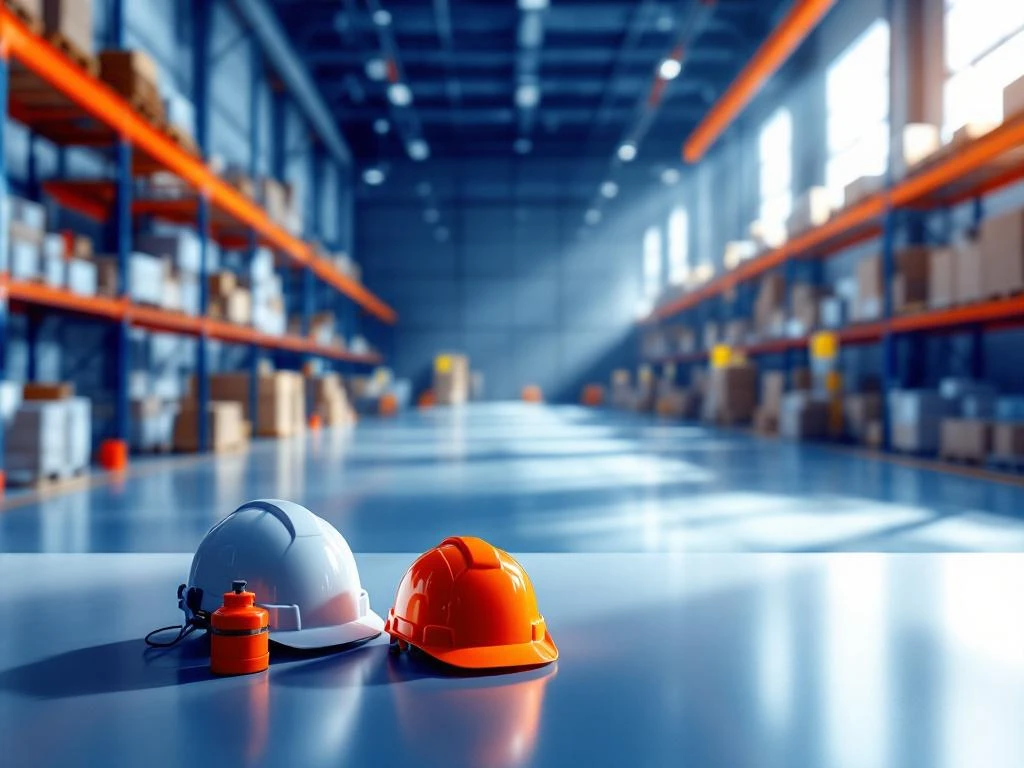 Moderne logistiek magazijn met veiligheidshelm en nooduitrusting op bureau, industriële stellingen op achtergrond