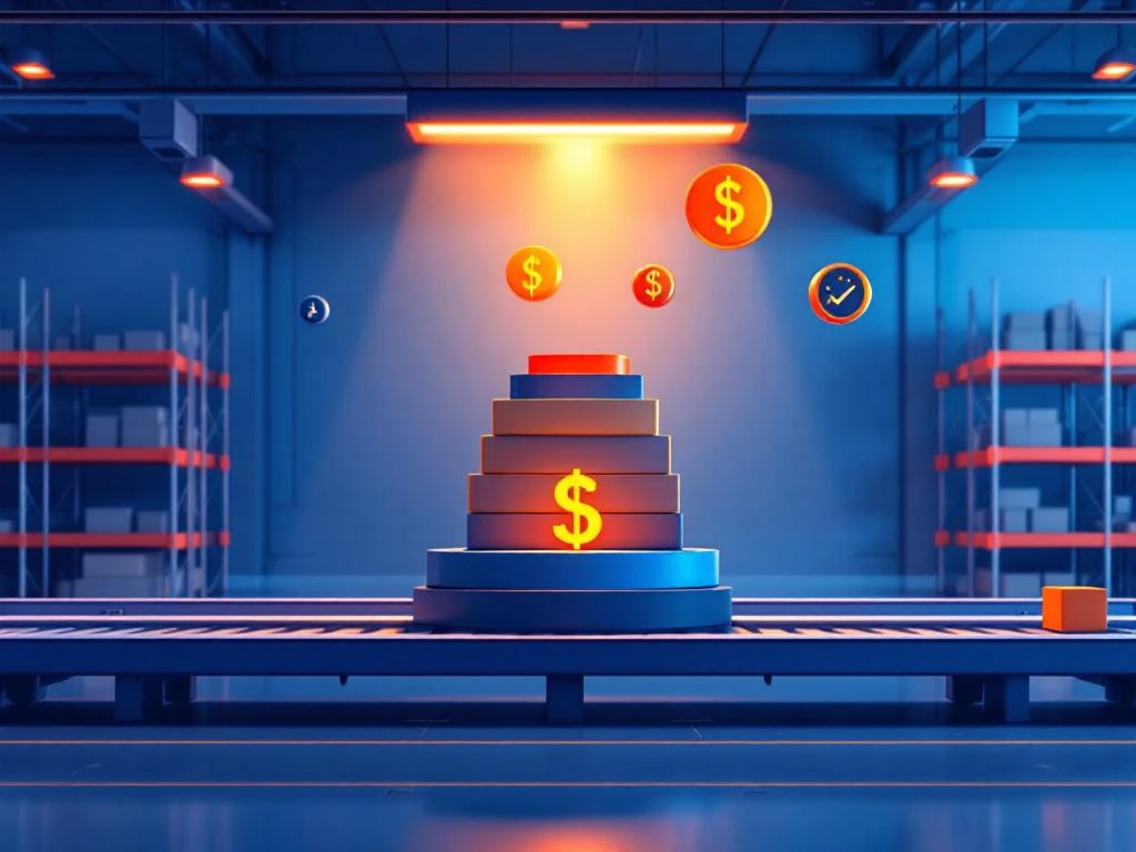 Logistiek magazijn met transportbanden en salarisgrafieken, dag- en nachtsymbolen tonen ploegendienst vergelijking