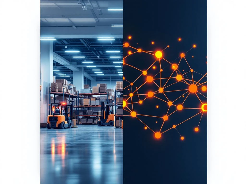 Gesplitst scherm toont logistiek magazijn met heftrucks links en oranje netwerk diagram rechts gescheiden door geometrische lijn