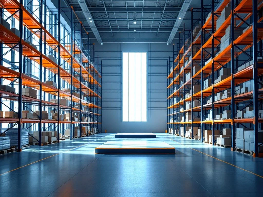 Moderne logistieke magazijn met blauw-oranje stellingsystemen, centraal controleplatform en teamwork silhouetten