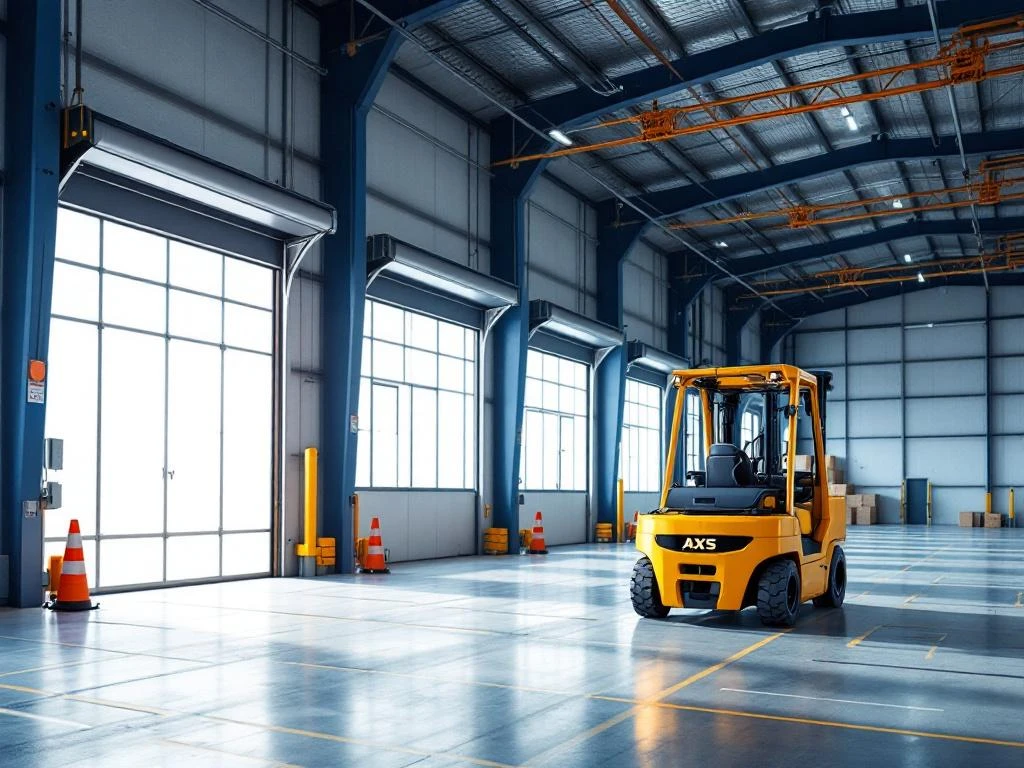 Gele heftruck in moderne magazijn met blauwe structurele elementen en oranje veiligheidsuitrusting van AXS Logistiek
