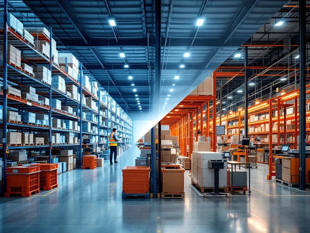 Moderne magazijnruimte met georganiseerde stellingen links en orderverzamelstation met transportbanden rechts