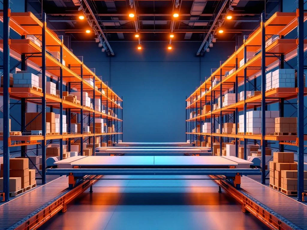 Moderne industriële magazijn met geometrische stellingsystemen en transportbanden in blauw en oranje kleuren