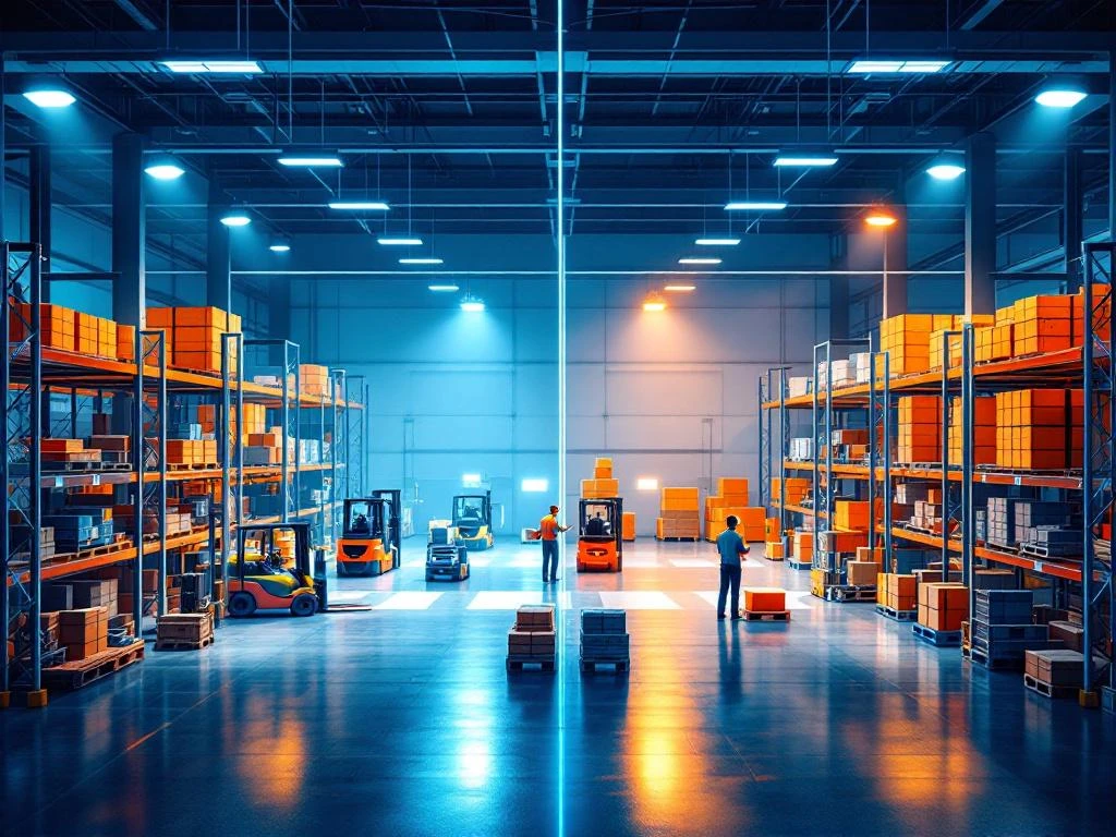 Moderne logistiek magazijn met dag- en nachtploegen, vorkheftrucks, transportbanden en georganiseerde voorraad