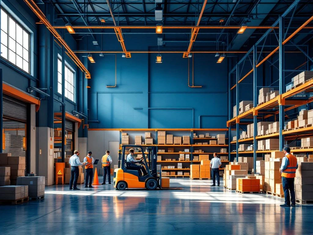 Moderne magazijninterieur met werknemers die vorkheftruck bedienen, inventaris scannen en logistiek coördineren