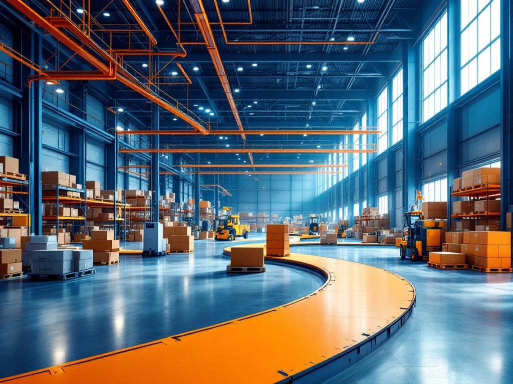 Moderne magazijnruimte met blauwe stellingen, oranje veiligheidsuitrusting en transportbanden voor logistieke operaties