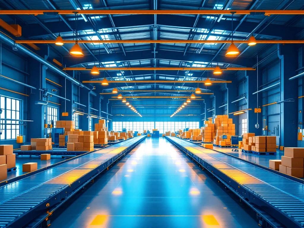 Moderne logistieke magazijn met blauwe structuren, oranje verlichting, transportbanden en vier werkzones in natuurlijk licht