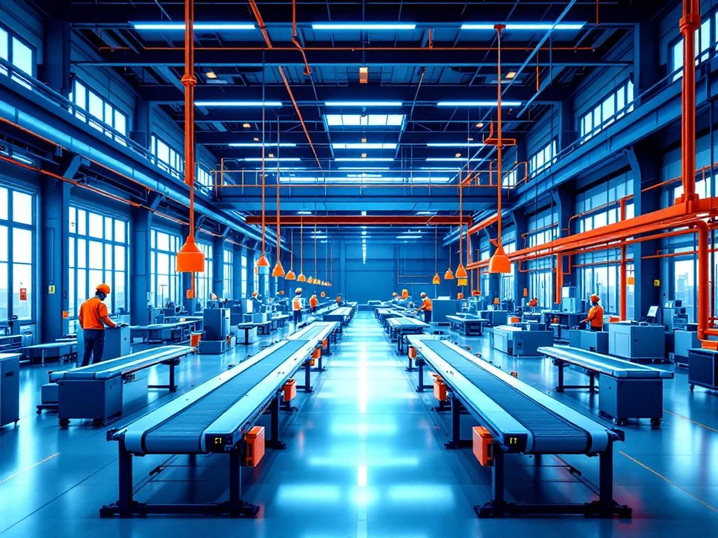 Moderne productiefaciliteit met donkerblauwe structuren, oranje veiligheidssignalering en transportbanden onder natuurlijk licht