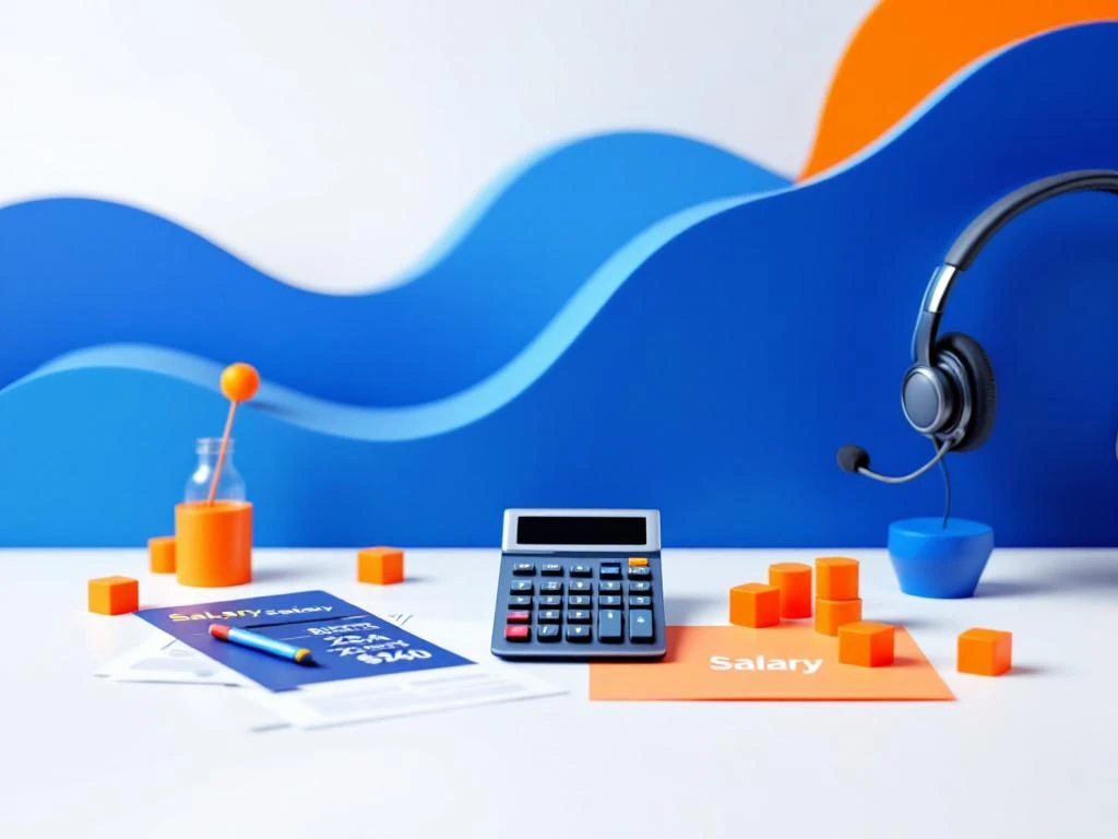 Rekenmachine en salarisdocumenten op wit bureau met blauwe geometrische vormen en oranje accenten voor financiële diensten