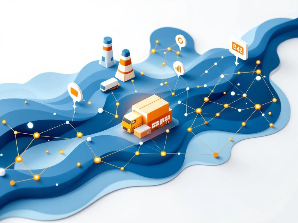 Moderne supply chain netwerkdiagram met blauwe knooppunten, oranje verbindingslijnen en logistieke pictogrammen op witte achtergrond