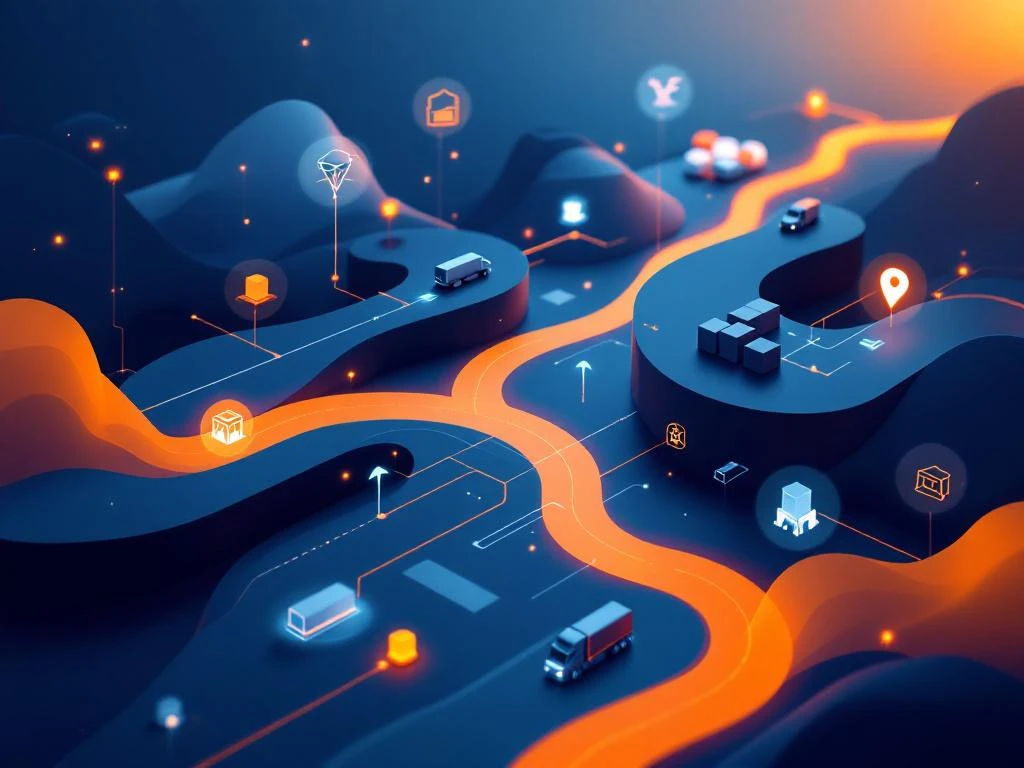 Moderne supply chain visualisatie met onderling verbonden blauwe knooppunten, oranje lijnen en gestileerde logistiek symbolen