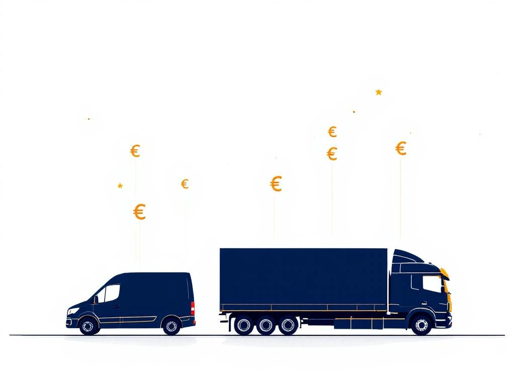 Drie voertuigsilhouetten in oplopende grootte met euro symbolen, van bestelwagen tot vrachtwagen in blauw en goud