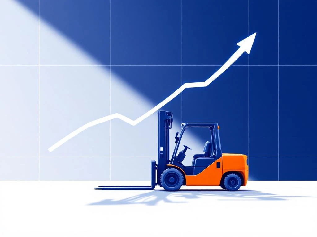 Oranje vorkheftruck op witte achtergrond met blauwe pijl omhoog, symboliseert logistieke carrièregroei