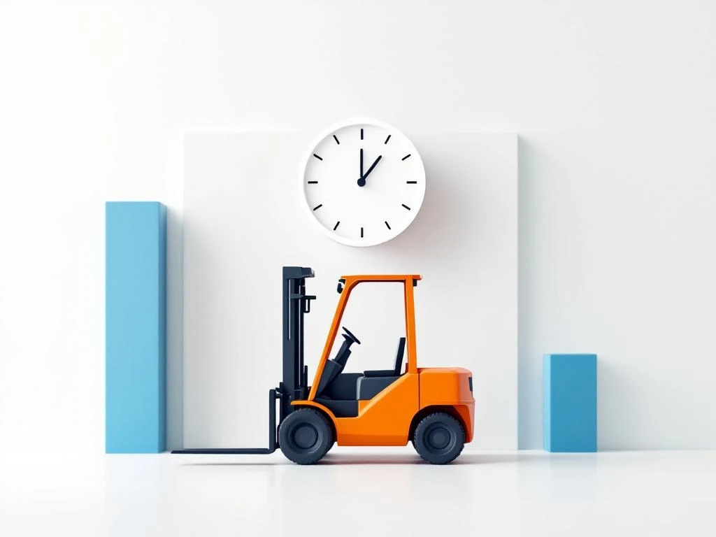 Oranje heftruck silhouet met klokicoon erboven, omringd door blauwe geometrische vormen op witte achtergrond