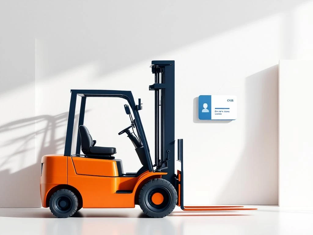 Oranje heftruck met blauwe rijbewijskaart verbonden door lijnen op witte achtergrond, toont licentievereisten