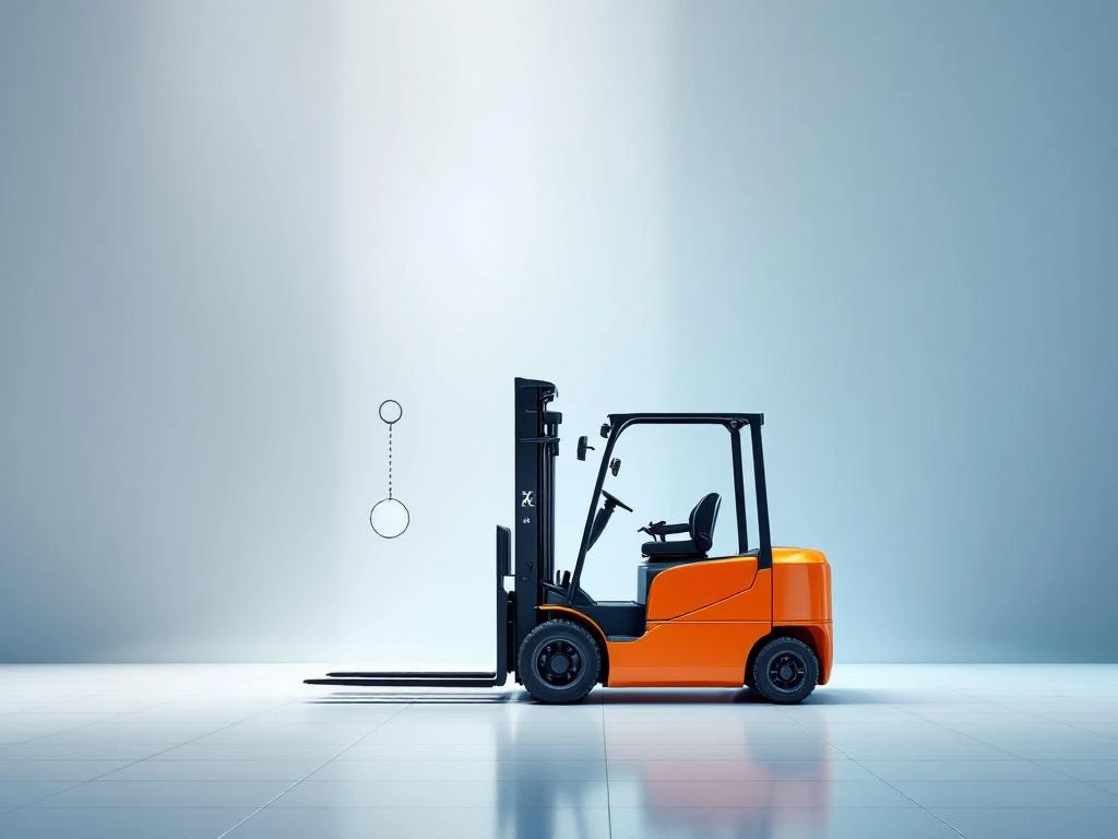 Moderne oranje heftruck op witte ondergrond met zwevende sleutel en blauwe achtergrond, logistiek concept