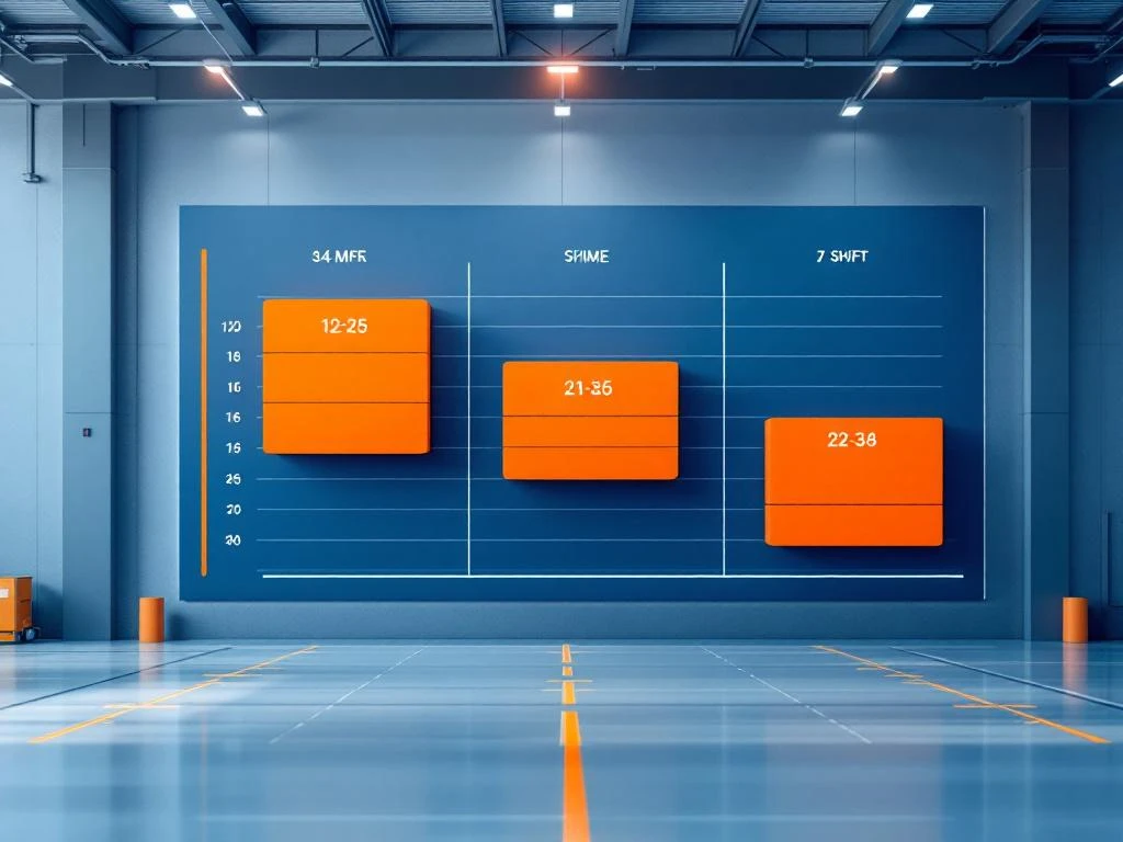Moderne industriële werkplanning met geometrische tijdblokken in 2-2-3 patroon, blauw-oranje kleurschema in warehouse omgeving