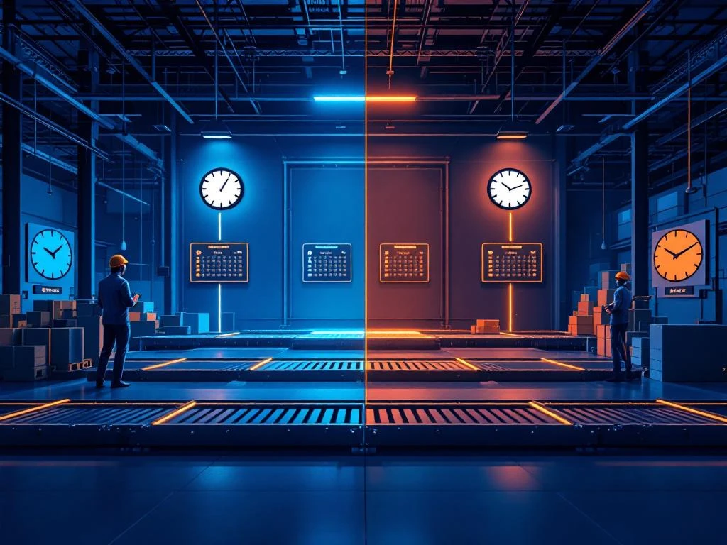 Moderne logistieke faciliteit met vier verlichte tijdzones die ploegendiensten tonen via klokken en planningsborden