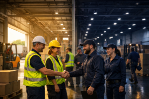 Overgang dag- en nachtdienst in de logistiek in moderne logistieke omgeving.
