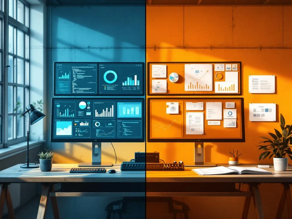 Gesplitste werkruimte toont data-analist setup met monitors en code links, business-analist omgeving met presentaties rechts