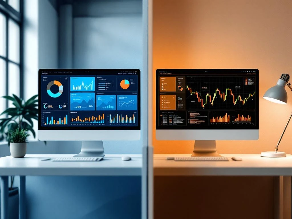 Split-screen werkruimten tonen data-analist met dashboards links en data scientist met ML-modellen rechts