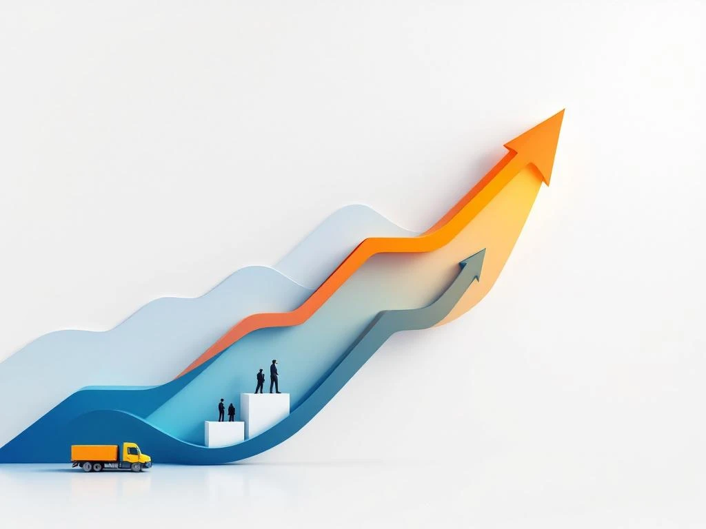 Opwaartse pijl van blauwe naar oranje datageometrie wijst naar managementhiërarchie symbool op witte achtergrond